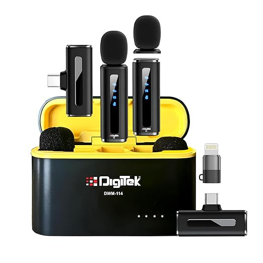 Digitek® DWM-114 2-in-1 Wireless Microphone, 2.4GHz, 6.6Hr Battery, Noise Reduction, 40m Range, 360° Sound Capture, Plug n Play, iPhone & Android Compatible, for Video Recording, Interview, Vlogging!